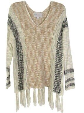 Paper Crane Cream Tan Boho Sweater Size S Tassel Trim V Neck Long Sleeve Stripe